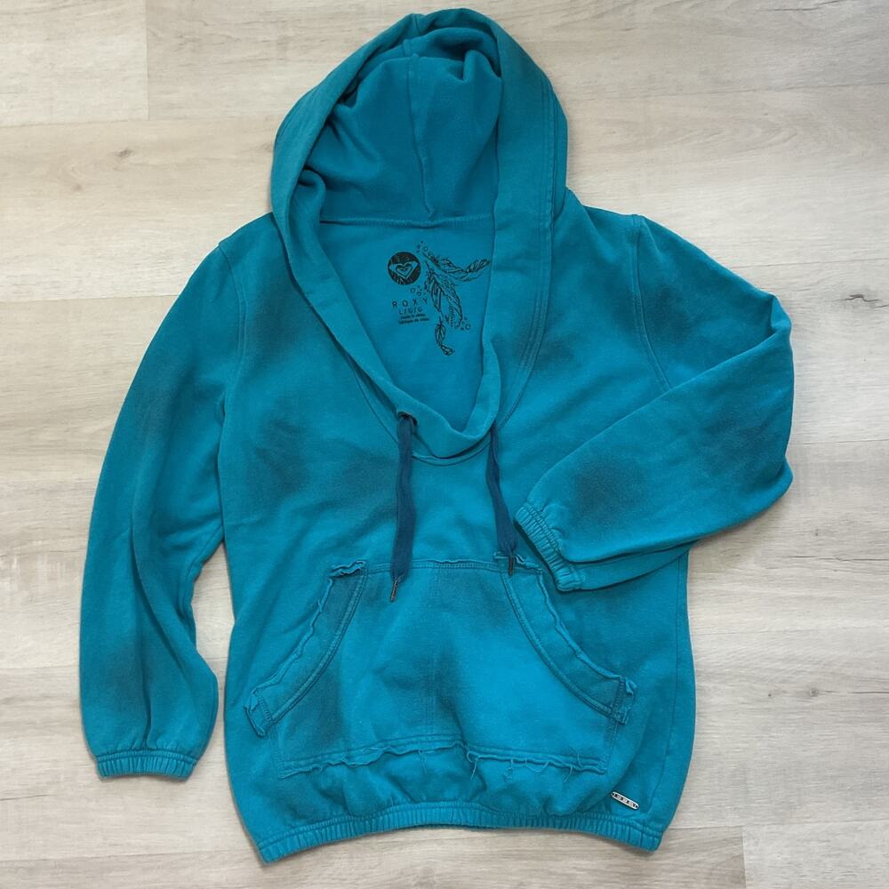 Y2K Roxy Deep V Distressed Pullover Hoodie Teal Blue Large